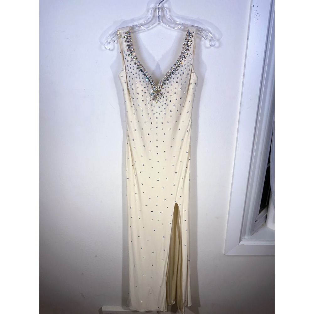 Night Moves Cream Beaded AB Crystal V-Neck Cowl Back Formal Gown Maxi Dress 4